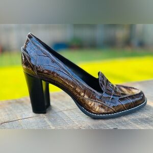 Franco Sarto Brown Croc Embossed Leather Loafer Block Heels